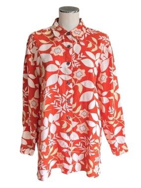 Spiegel 100% Linen Shirt Sz M Button Up Floral Long Orange Boho Retro Western